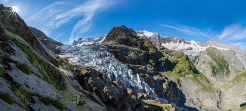 Mountain panorama, picturesque high alpine mountain landscape with Lower Arctic Sea glacier and
