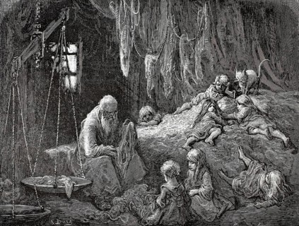 An old man with a long beard sits bent over to the left and sorts or patches rags. Several