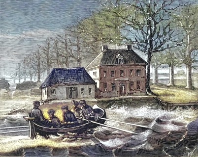 Historical depiction of the riverbank region of the Rupel river in Belgium, in the immediate