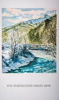 Old German New Year's card showing a wintry landscape with mountains and a river