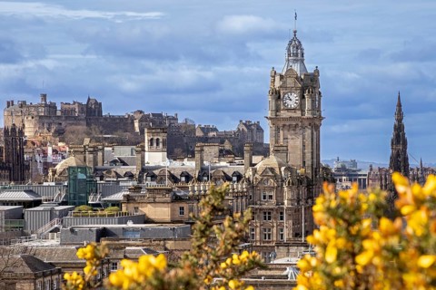 View from Calton Hill showing medieval Edinburgh Castle on Castle Rock, Balmoral Hotel and Scott