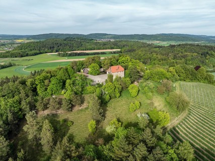 Aerial view of Friedingen Castle, Friedinger Schlössle, or Hohenfriedingen in Hegau, Konstanz