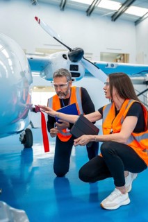 Two aviation engineers in safety vests inspecting a light aircraft in a hangar, reviewing checks