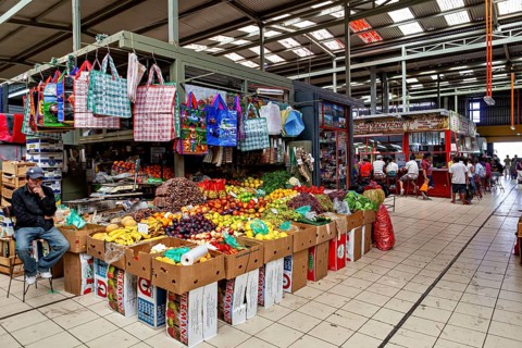 Lively covered market with colorful fruit display and shopping bags, bustling atmosphere, The