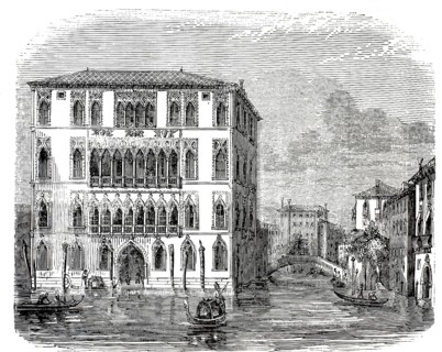 Historical view of Ca' Foscari in Venice, an imposing Gothic palace from the 15th century,