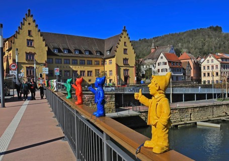 Tauber Bridge, sculptures by Ottmar Hörl depicting the ‘Wertheim Optimist', the artwork featuring