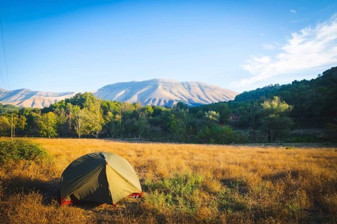 Gren tent standing suorunded by green pristine nature in Albania countryside. Wild camping in