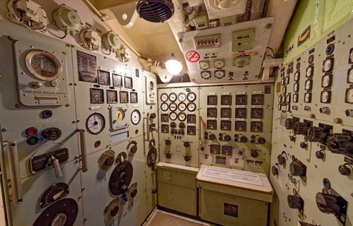 Museum submarine H.M.S.Otus. Machine control center. Sassnitz, Mecklenburg-Western Pomerania,