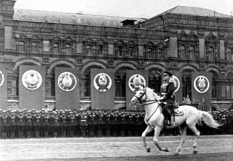 Marshal Zhukov rides across Red Square on white mold. Victory Parade in Moscow, June 24, 1945 J.