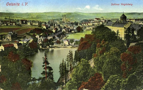 View of Voigtsberg Castle and the town of Oelsnitz in the Vogtland, Saxony, Germany, authentic