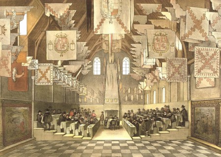 Color lithograph of the Grand Assembly from 1651, Grote Vergadering, in the Knights' Hall of the