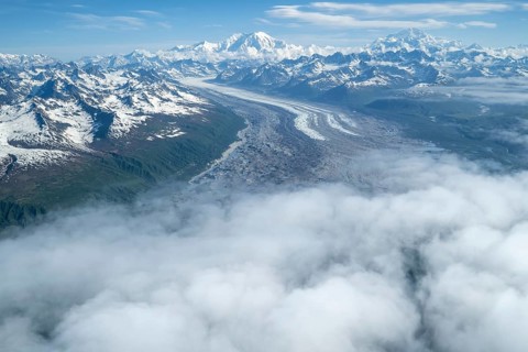Kahlitna Glacier, Mt Foraker and Mt Denali or Mount McKinley, aerial view, Alaska Range, Denali