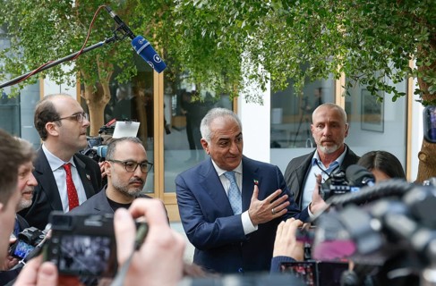 Prince Reza Pahlavi, Iranian opposition leader, speaks to journalists after a press conference,