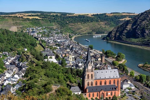 View over Oberwesel, left side of the Rhine in the Upper Middle Rhine Valley, Church of Our Dear