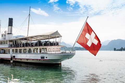 Historic steamship with Swiss flag, Lucerne, Lake Lucerne, Canton of Lucerne, Switzerland