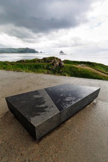 Natural stone bench, minimalistic design, rest area, Kleivodden viewing platform, coastline,