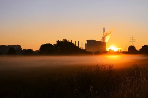 Gersteinwerk power plant and Lippewiesen at sunrise, Werne-Stockum, North Rhine-Westphalia, Germany