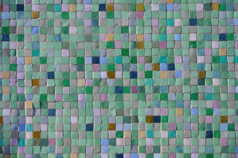 Colorful mosaic wall with square green and colorful tiles, Bavaria, Germany
