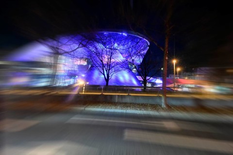 Light art, zoom effect, BMW World at night, Munich, Bavaria, Germany