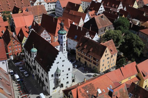 Old town and town hall, city view from above, from Daniel church tower, Nördlingen, Donau-Ries