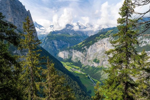View of the Lauterbrunnen valley, Mettlenalp, picturesque mountain landscape, Bernese Alps, Bernese
