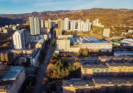 Aerial view of high buildings in Saburtalo district in Tbilisi, Georgia. Property real estate
