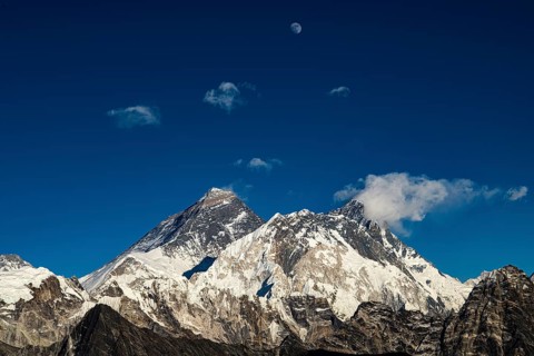 View from Renjo La Pass, 5360 m, of the Himalayan chain with Mount Everest and Lhotse, Solu Khumbu,