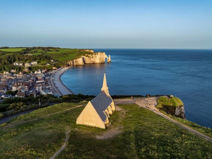 Aerial view of the Notre Dame de la Garde chapel on the cliff and Porte d'Amont viewpoint, on the