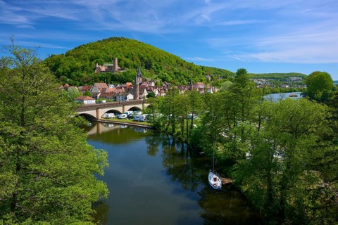 Idyllic river landscape with a bridge and castle, surrounded by lush greenery and a picturesque
