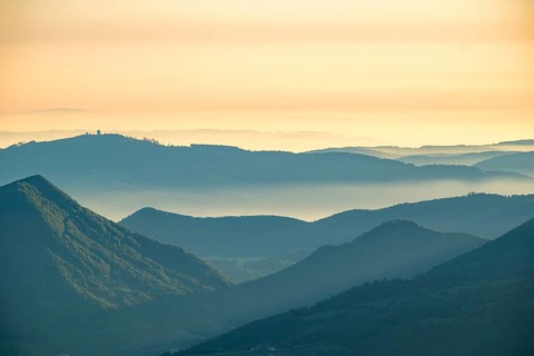Blue silhouettes of mountains, view over the Salzkammergut, Salzburg, Austria