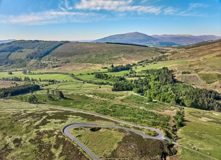 Aerial photo of the highlands near Dalochalloch in Scotland, UK