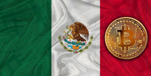Investors in Blockchain Technology with Mexico flag background. Bitcoin cryptocurrency with Mexican