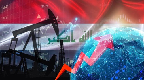 Global oil growth with Iraqi flag. International petroleum exports with Iraq flag on the economic