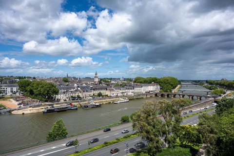 View from the fortress wall of the Château d'Angers fortress across the Maine river to the historic