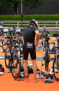 Triathlon cycling, participants in the transition zone, Tegernsee Triathlon, Tegernsee, Upper
