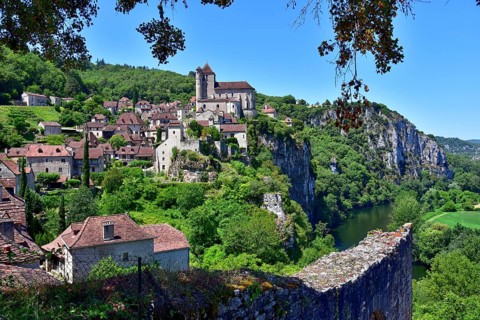 View of Saint-Cirq-Lapopie above the Lot River in the Lot department, in the Occitanie region,