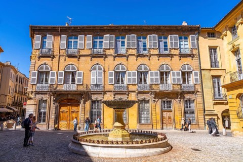Baroque Place d'Albertas, historic baroque square with fountain in the old town of Aix-en-Provence,