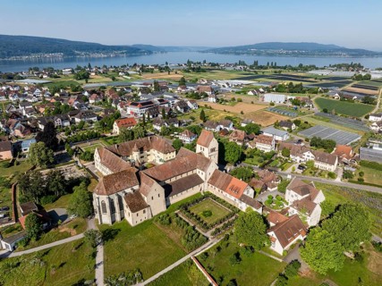 Aerial view of the island of Reichenau, in western Lake Constance, Untersee, with the cathedral of