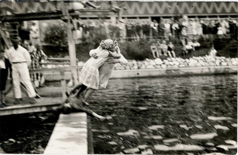 Bathing establishment, jump, disguise, outdoor pool, bathing, swimwear, woman, leisure, fun,