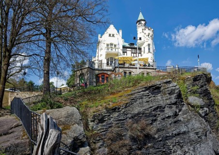 View of the Schäferwand with the restaurant, Decín, Decin, Tetschen, Bohemia, Czech Republic, Czech