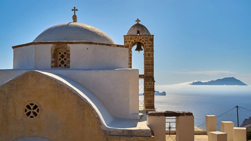 Panagia of Thalassitra church, Panagia Thalassitra, close-up of a Greek church with dome and bell