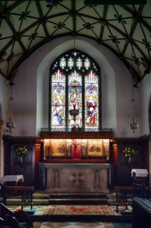 Interior view of choir room, altar, stained glass window, church window, St Ia's Church, St Ives,
