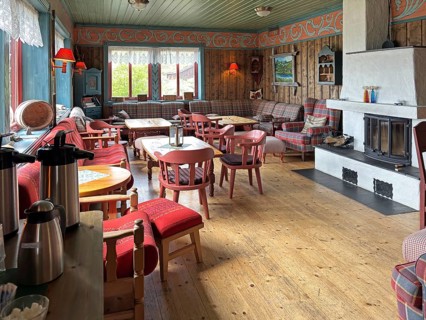 Cozy Scandinavian living room with wooden walls, red and white decor and a fireplace, Haugseter