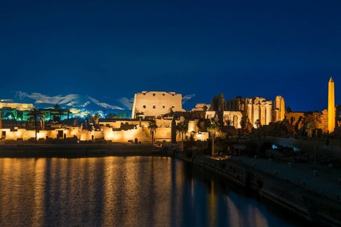 Light show, illuminated, evening, blue hour, Karnak Temple, UNESCO World Heritage Site, Luxor,