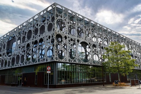 Faculty of Technology, University of Southern Denmark, façade, glass and metal, circular hole