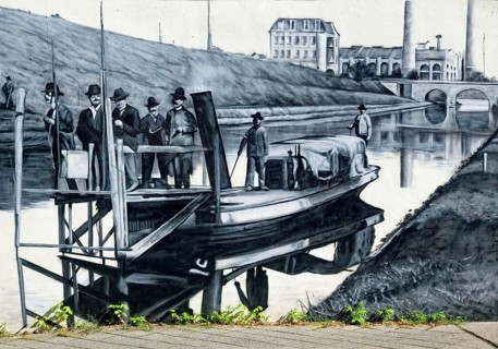 Wall painting, graffiti, construction of the canal in Leipzig's western suburb, Karl Heine,