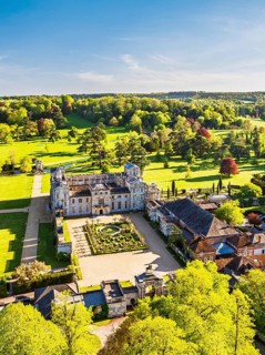 Wilton House from a drone, Wilton, River Nadder, Salisbury, Wiltshire, England, United Kingdom