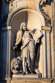 Depiction of St Mark the Evangelist with the lion at the Hofkirche, Dresden, Saxony, Germany