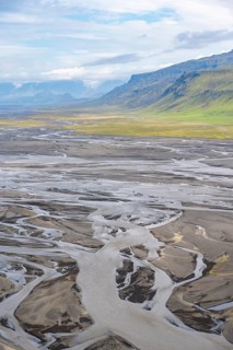 View from a hill, view over alluvial land, meandering river, Dímonarhellir, Suðurland, Iceland
