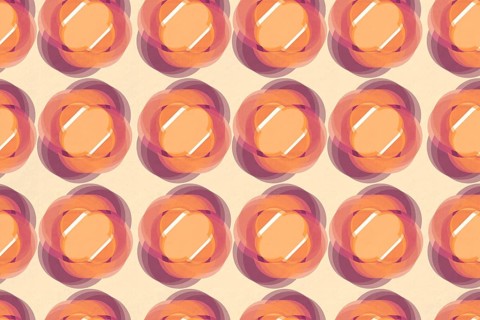 A seamless geometric pattern featuring vibrant, overlapping circular shapes in orange and purple